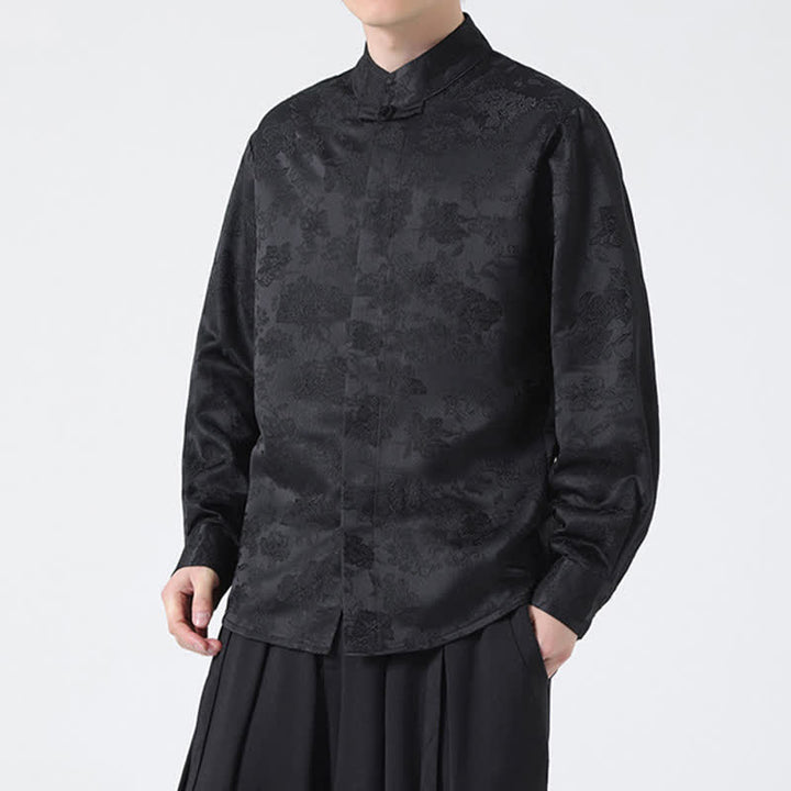 Buddha Stones Camisas de manga larga para hombre con cuello mandarín y estampado floral, estilo elegante Tang, ideales para otoño. - image 5