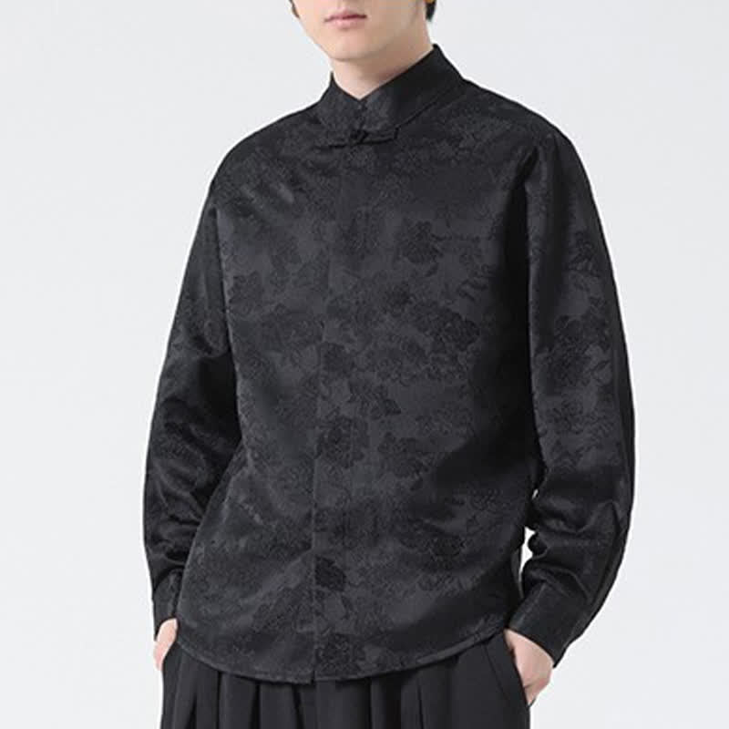 Buddha Stones Camisas de manga larga para hombre con cuello mandarín y estampado floral, estilo elegante Tang, ideales para otoño. - image 7