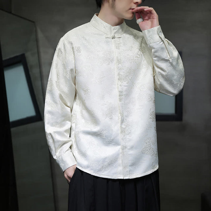 Buddha Stones Camisas de manga larga para hombre con cuello mandarín y estampado floral, estilo elegante Tang, ideales para otoño. - image 14