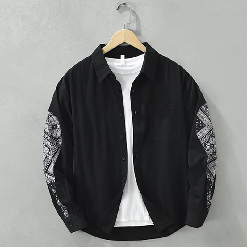 Buddha Stones Camisa de manga larga de algodón con botones y estampado paisley para hombre, estilo casual de otoño, con bolsillo de parche. - Negro - US/UK/AU42, EU52 (3XL) - image 0