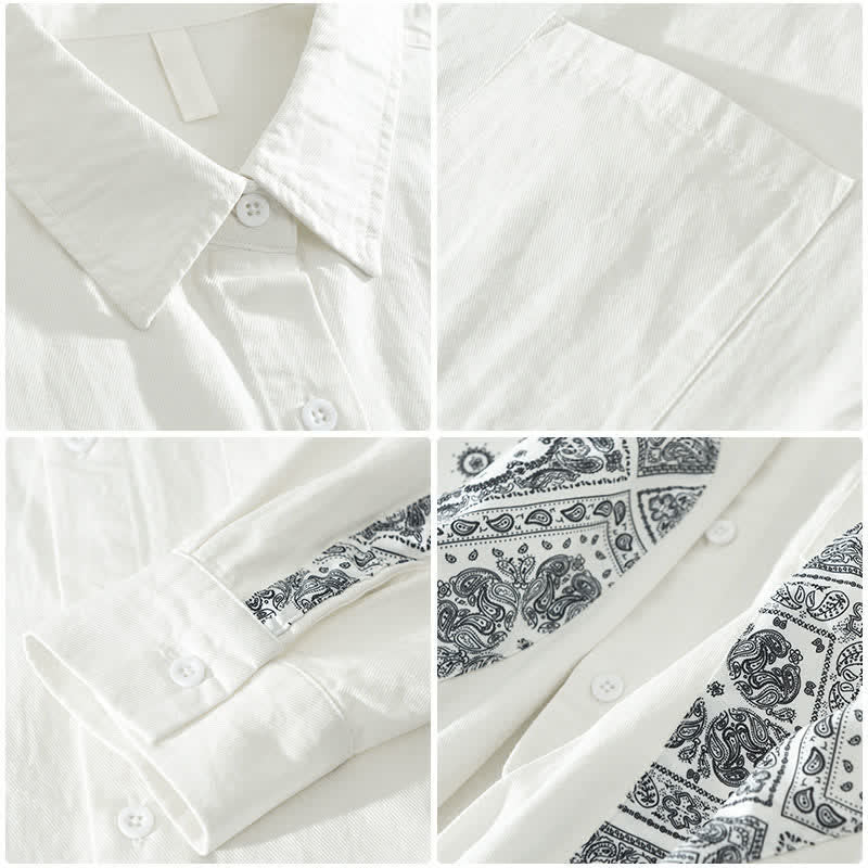 Buddha Stones Camisa de manga larga de algodón con botones y estampado paisley para hombre, estilo casual de otoño, con bolsillo de parche. - image 8