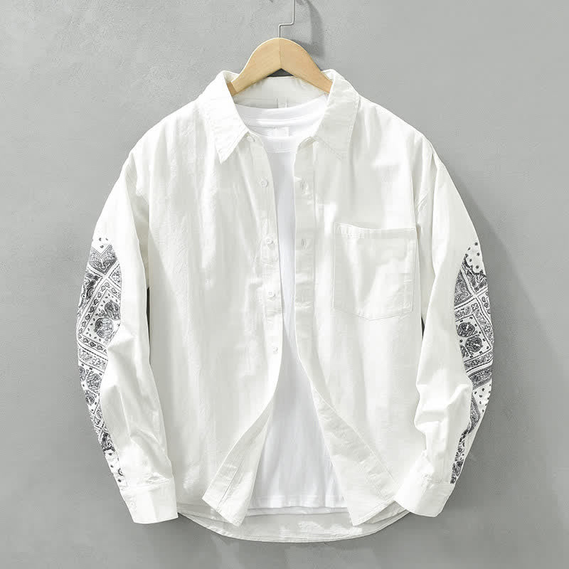 Buddha Stones Camisa de manga larga de algodón con botones y estampado paisley para hombre, estilo casual de otoño, con bolsillo de parche. - Blanco - US/UK/AU42, EU52 (3XL) - image 6