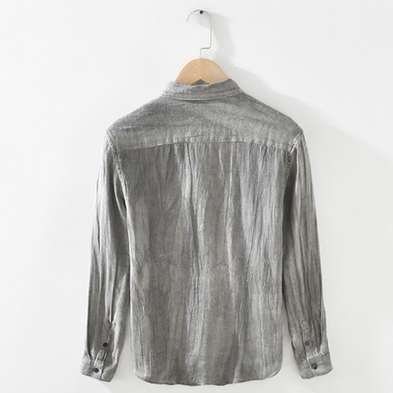 Buddha Stones Camisas de manga larga de lino liso con botones para hombre, estilo casual de primavera. - image 1