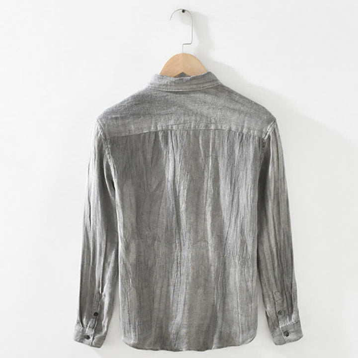 Buddha Stones Camisas de manga larga de lino liso con botones para hombre, estilo casual de primavera. - image 1