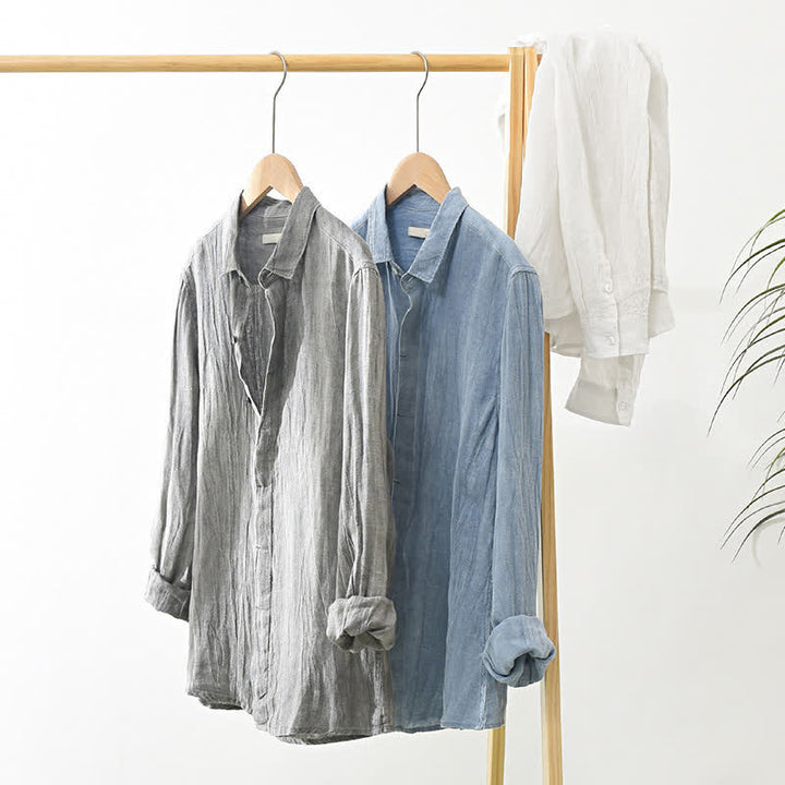 Buddha Stones Camisas de manga larga de lino liso con botones para hombre, estilo casual de primavera. - image 25