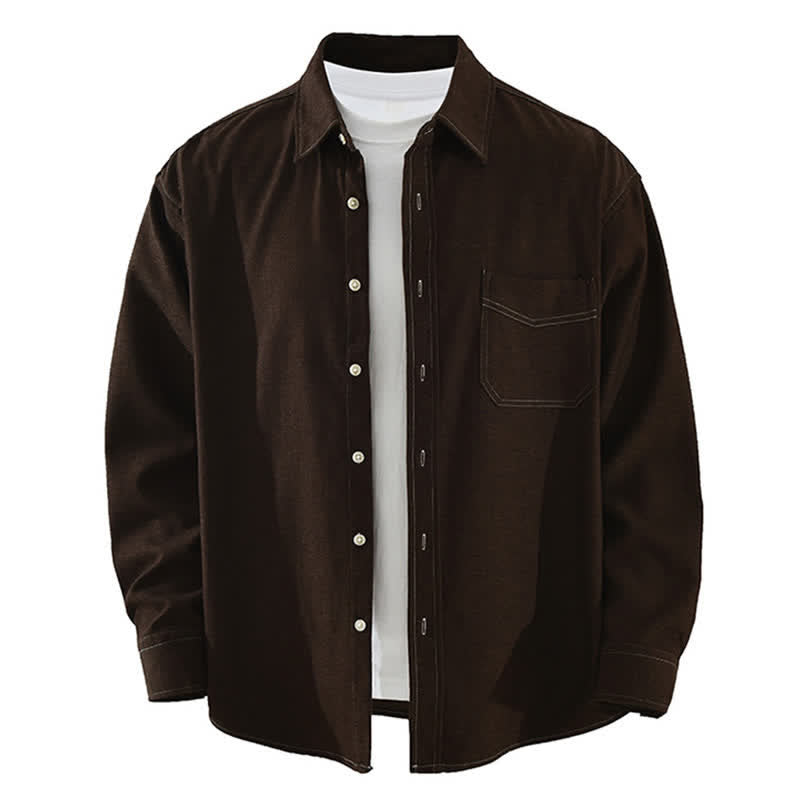 Buddha Stones Camisas de manga larga lisas para hombre, estilo casual de otoño, con bolsillo de parche. - Marrón silla de montar - US/UK/AU42, EU52 (3XL) - image 12