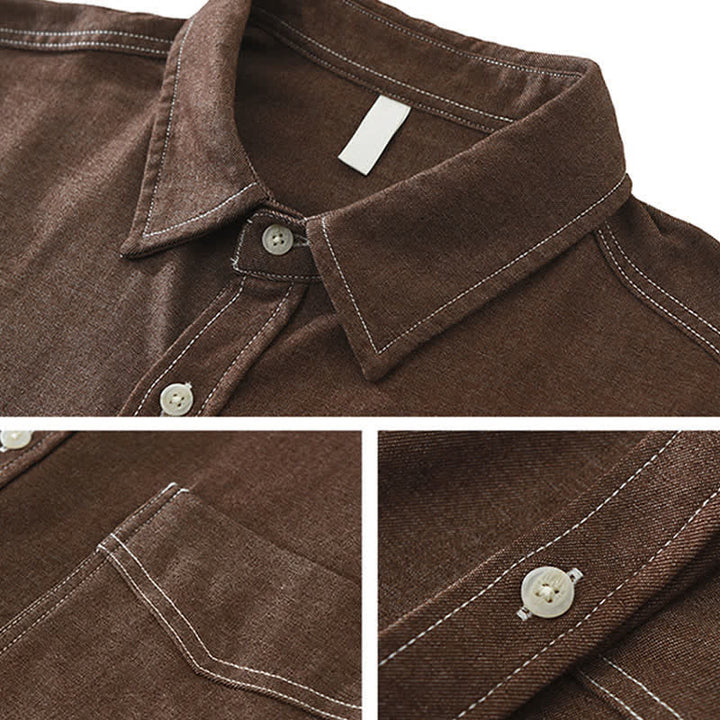 Buddha Stones Camisas de manga larga lisas para hombre, estilo casual de otoño, con bolsillo de parche. - image 2