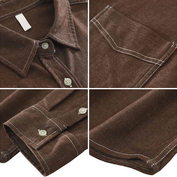 Buddha Stones Camisas de manga larga lisas para hombre, estilo casual de otoño, con bolsillo de parche. - image 3