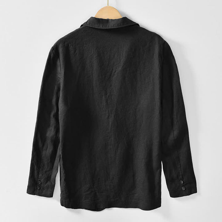 Buddha Stones Chaqueta de hombre minimalista informal de ramio y algodón con solapa y bolsillos, ideal para primavera y otoño. - image 5