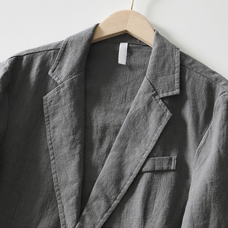 Buddha Stones Chaqueta de hombre minimalista informal de ramio y algodón con solapa y bolsillos, ideal para primavera y otoño. - image 1