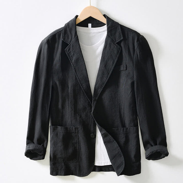 Buddha Stones Chaqueta de hombre minimalista informal de ramio y algodón con solapa y bolsillos, ideal para primavera y otoño. - Negro - US/UK/AU44, EU54 (4XL) - image 4