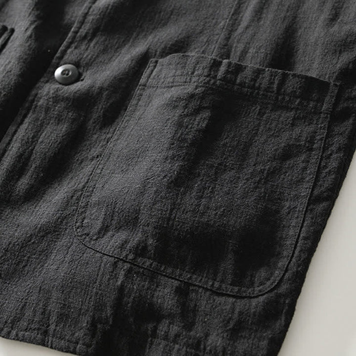 Buddha Stones Chaqueta de hombre minimalista informal de ramio y algodón con solapa y bolsillos, ideal para primavera y otoño. - image 8