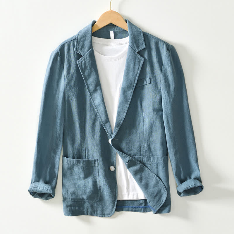 Buddha Stones Chaqueta de hombre minimalista informal de ramio y algodón con solapa y bolsillos, ideal para primavera y otoño. - Azul cadete - US/UK/AU44, EU54 (4XL) - image 16