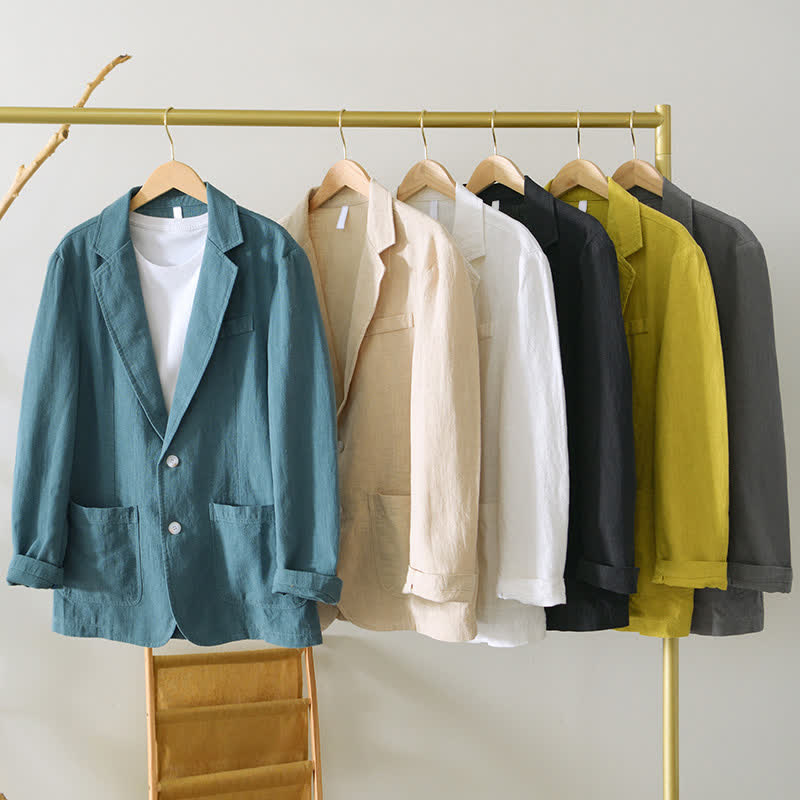 Buddha Stones Chaqueta de hombre minimalista informal de ramio y algodón con solapa y bolsillos, ideal para primavera y otoño. - image 32