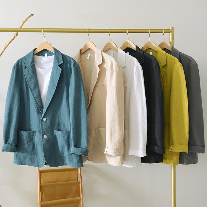 Buddha Stones Chaqueta de hombre minimalista informal de ramio y algodón con solapa y bolsillos, ideal para primavera y otoño. - image 32
