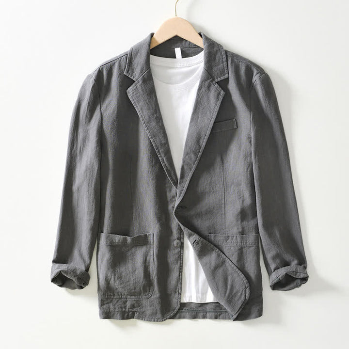 Buddha Stones Chaqueta de hombre minimalista informal de ramio y algodón con solapa y bolsillos, ideal para primavera y otoño. - Gris oscuro - US/UK/AU44, EU54 (4XL) - image 0