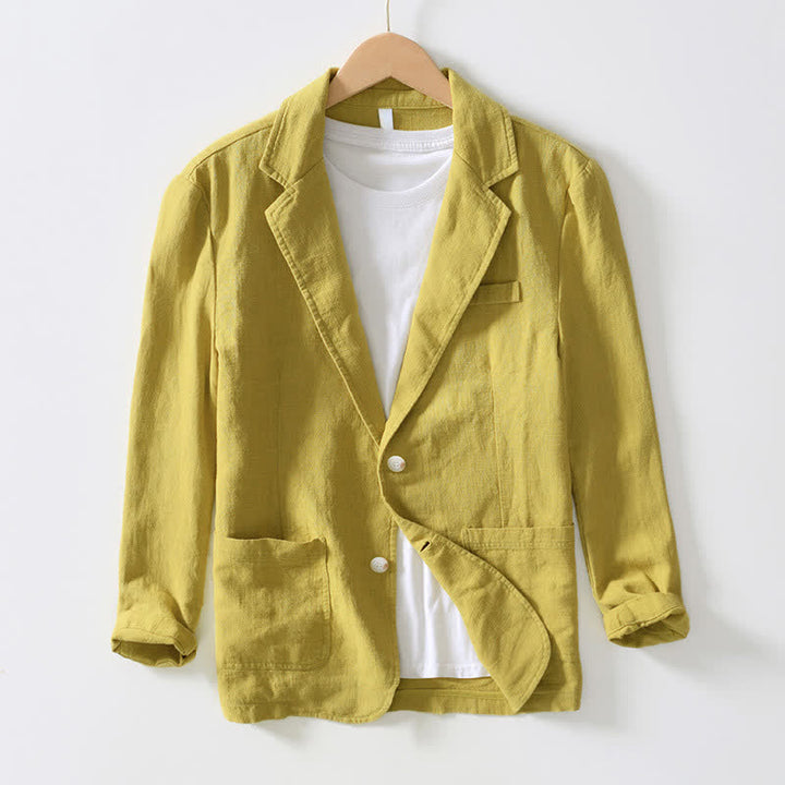 Buddha Stones Chaqueta de hombre minimalista informal de ramio y algodón con solapa y bolsillos, ideal para primavera y otoño. - Caqui - US/UK/AU44, EU54 (4XL) - image 10