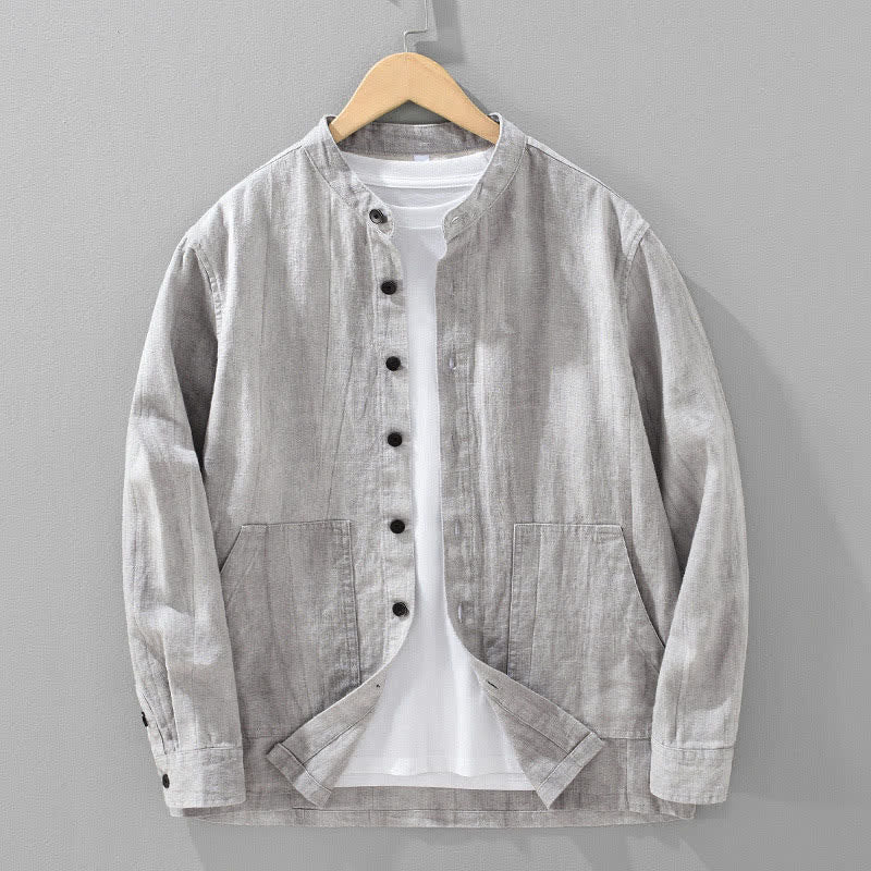 Buddha Stones Chaqueta informal de algodón ramio lisa para hombre, ideal para primavera y otoño, con bolsillos. - Gris claro - US/UK/AU42, EU52 (3XL) - image 13