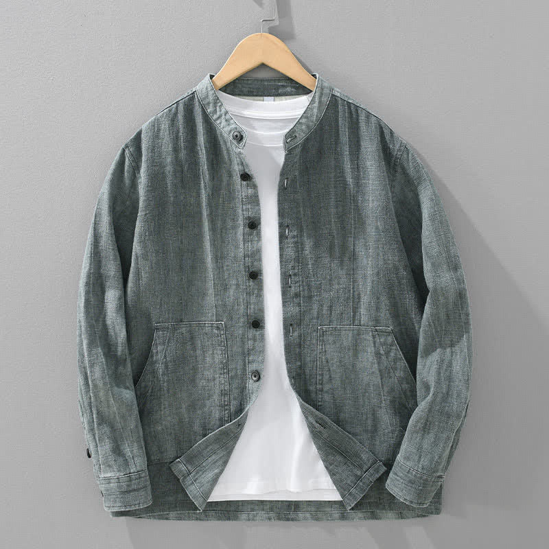 Buddha Stones Chaqueta informal de algodón ramio lisa para hombre, ideal para primavera y otoño, con bolsillos. - Gris oscuro - US/UK/AU42, EU52 (3XL) - image 0