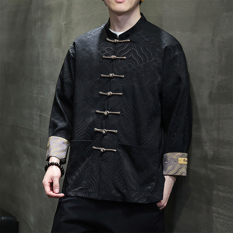 Buddha Stones Chaqueta de hombre estilo Tang elegante con cuello mandarín, estampado abstracto de ondas y botones de rana, ideal para otoño/invierno, con bolsillos. - image 17