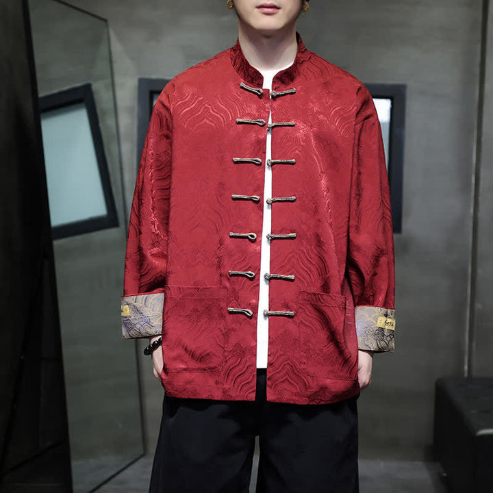 Buddha Stones Chaqueta de hombre estilo Tang elegante con cuello mandarín, estampado abstracto de ondas y botones de rana, ideal para otoño/invierno, con bolsillos. - image 5