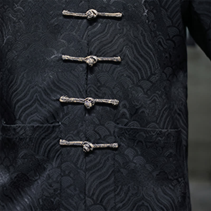 Buddha Stones Chaqueta de hombre estilo Tang elegante con cuello mandarín, estampado abstracto de ondas y botones de rana, ideal para otoño/invierno, con bolsillos. - image 22