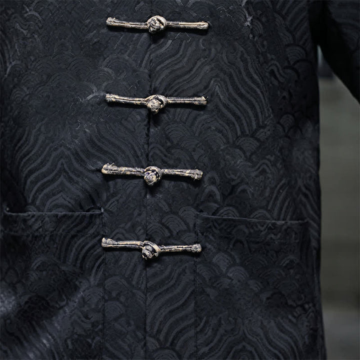 Buddha Stones Chaqueta de hombre estilo Tang elegante con cuello mandarín, estampado abstracto de ondas y botones de rana, ideal para otoño/invierno, con bolsillos. - image 22