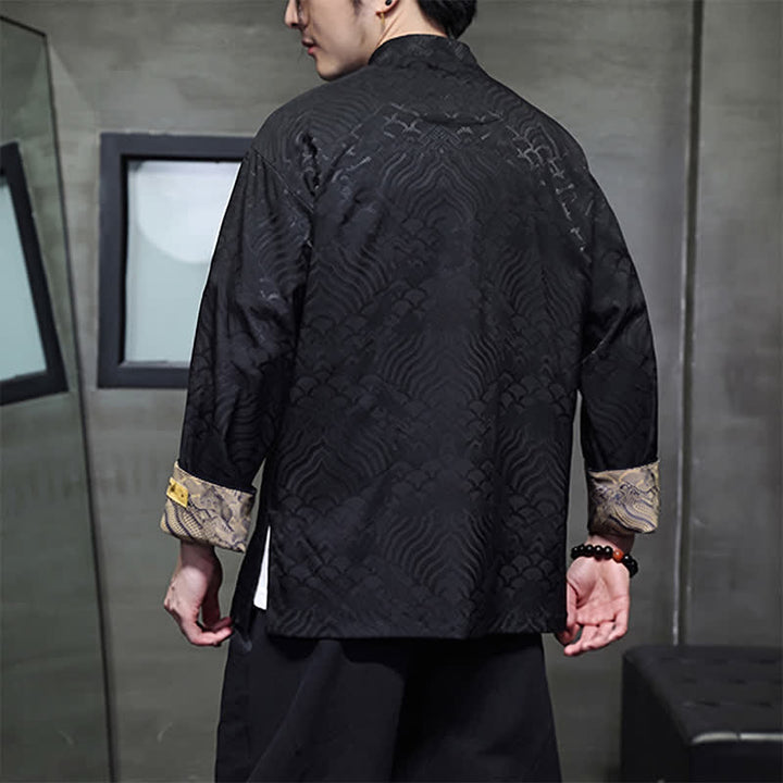 Buddha Stones Chaqueta de hombre estilo Tang elegante con cuello mandarín, estampado abstracto de ondas y botones de rana, ideal para otoño/invierno, con bolsillos. - image 14