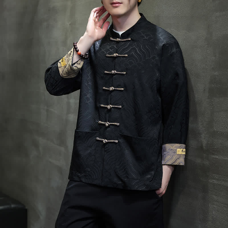 Buddha Stones Chaqueta de hombre estilo Tang elegante con cuello mandarín, estampado abstracto de ondas y botones de rana, ideal para otoño/invierno, con bolsillos. - image 13
