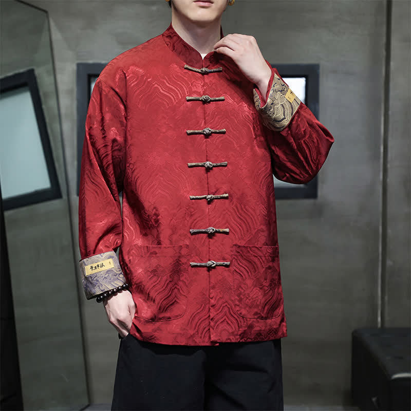 Buddha Stones Chaqueta de hombre estilo Tang elegante con cuello mandarín, estampado abstracto de ondas y botones de rana, ideal para otoño/invierno, con bolsillos. - image 9