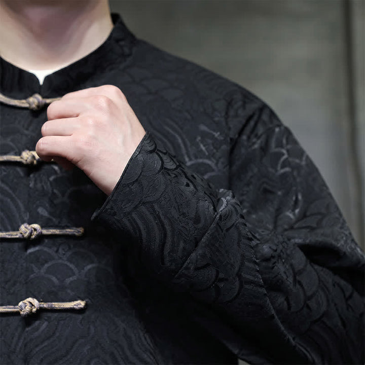 Buddha Stones Chaqueta de hombre estilo Tang elegante con cuello mandarín, estampado abstracto de ondas y botones de rana, ideal para otoño/invierno, con bolsillos. - image 21