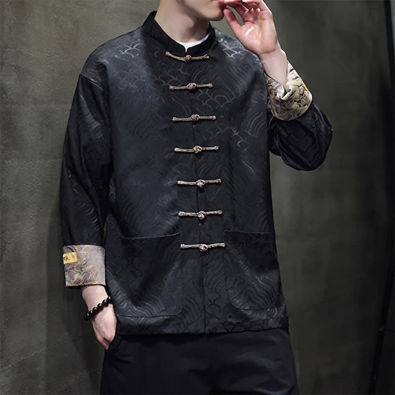 Buddha Stones Chaqueta de hombre estilo Tang elegante con cuello mandarín, estampado abstracto de ondas y botones de rana, ideal para otoño/invierno, con bolsillos. - image 12