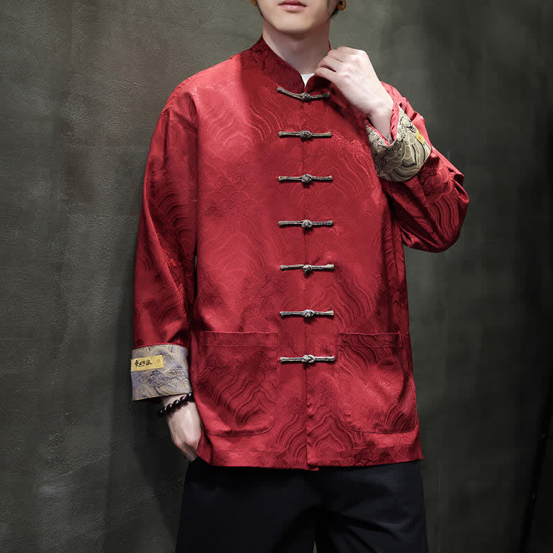 Buddha Stones Chaqueta de hombre estilo Tang elegante con cuello mandarín, estampado abstracto de ondas y botones de rana, ideal para otoño/invierno, con bolsillos. - Carmesí - US/UK/AU46, EU56 (5XL) - image 0