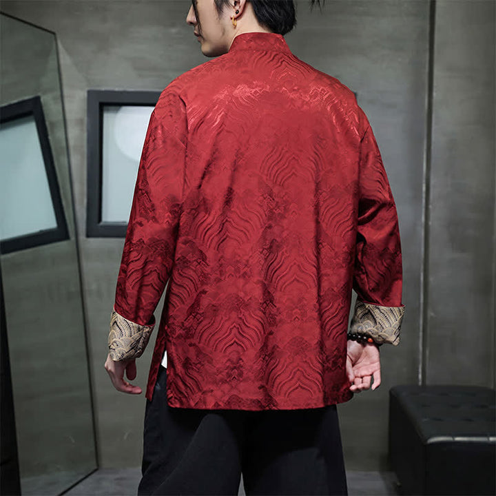 Buddha Stones Chaqueta de hombre estilo Tang elegante con cuello mandarín, estampado abstracto de ondas y botones de rana, ideal para otoño/invierno, con bolsillos. - image 4