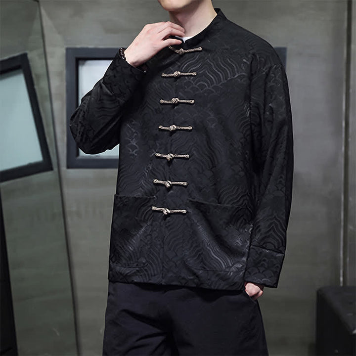 Buddha Stones Chaqueta de hombre estilo Tang elegante con cuello mandarín, estampado abstracto de ondas y botones de rana, ideal para otoño/invierno, con bolsillos. - image 18