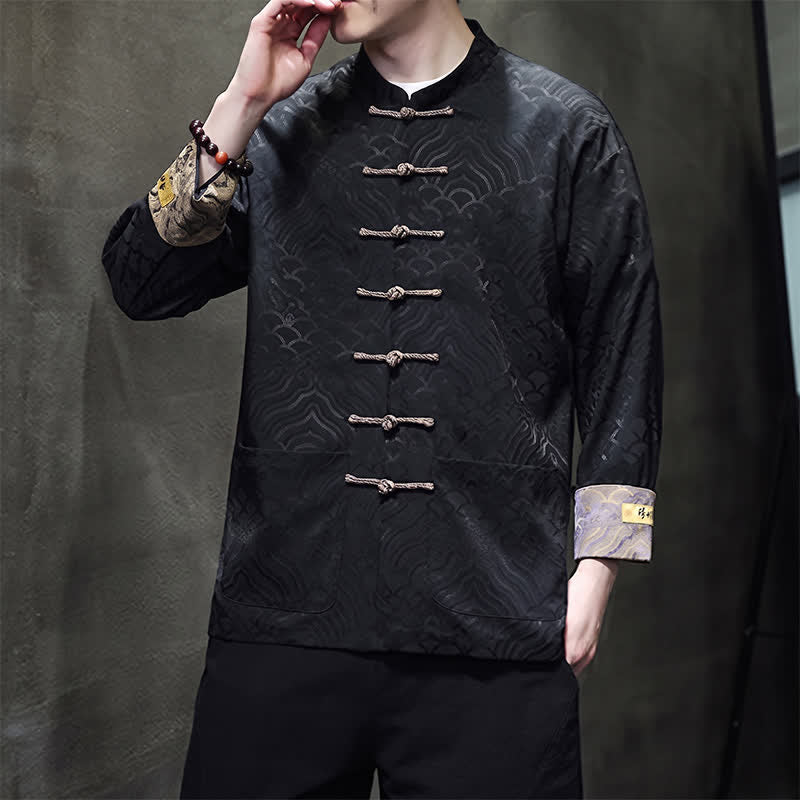 Buddha Stones Chaqueta de hombre estilo Tang elegante con cuello mandarín, estampado abstracto de ondas y botones de rana, ideal para otoño/invierno, con bolsillos. - image 15
