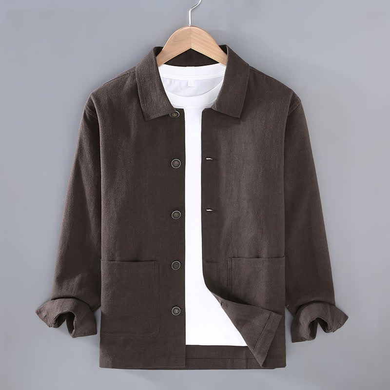 Buddha Stones Chaqueta de hombre de ramio, estilo casual minimalista, color liso, con botones y bolsillos, ideal para otoño. - Marrón silla de montar - US/UK/AU42, EU52 (3XL) - image 0
