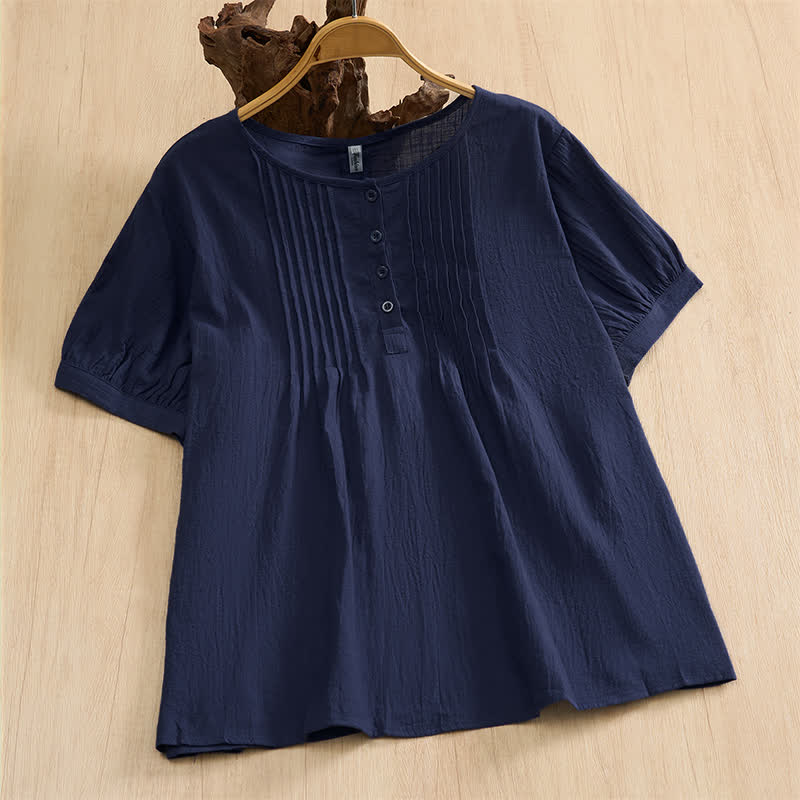 Buddha Stones Camisa de manga corta de algodón liso con botones, estilo casual de verano para mujer. - Azul medianoche - US16, UK/AU20, EU48 (5XL) - image 0