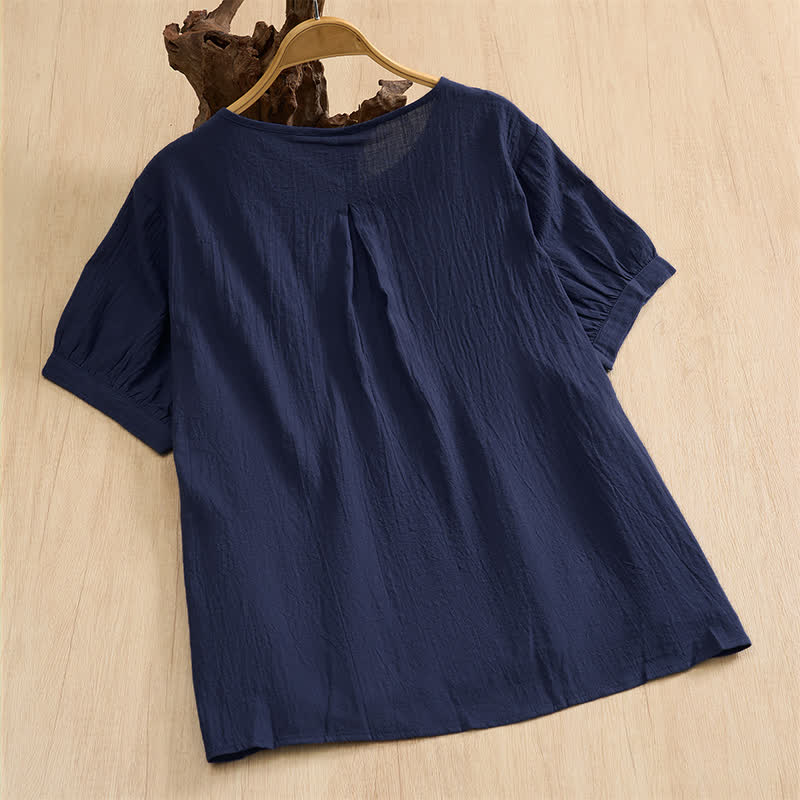 Buddha Stones Camisa de manga corta de algodón liso con botones, estilo casual de verano para mujer. - image 1