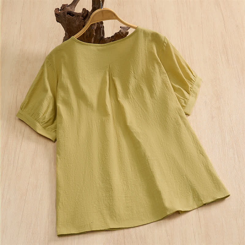 Buddha Stones Camisa de manga corta de algodón liso con botones, estilo casual de verano para mujer. - image 17