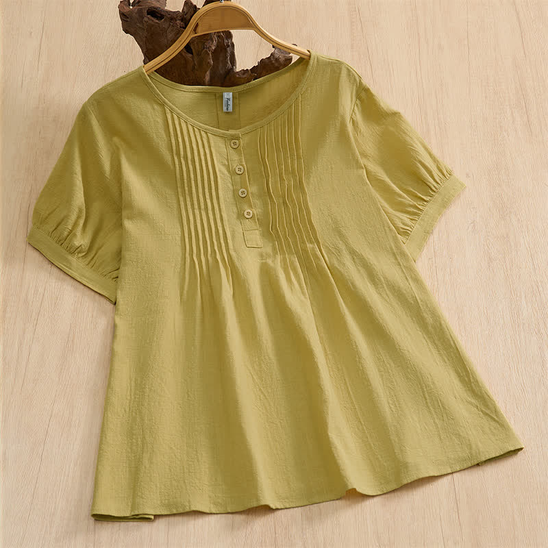 Buddha Stones Camisa de manga corta de algodón liso con botones, estilo casual de verano para mujer. - Caqui oscuro - US16, UK/AU20, EU48 (5XL) - image 16