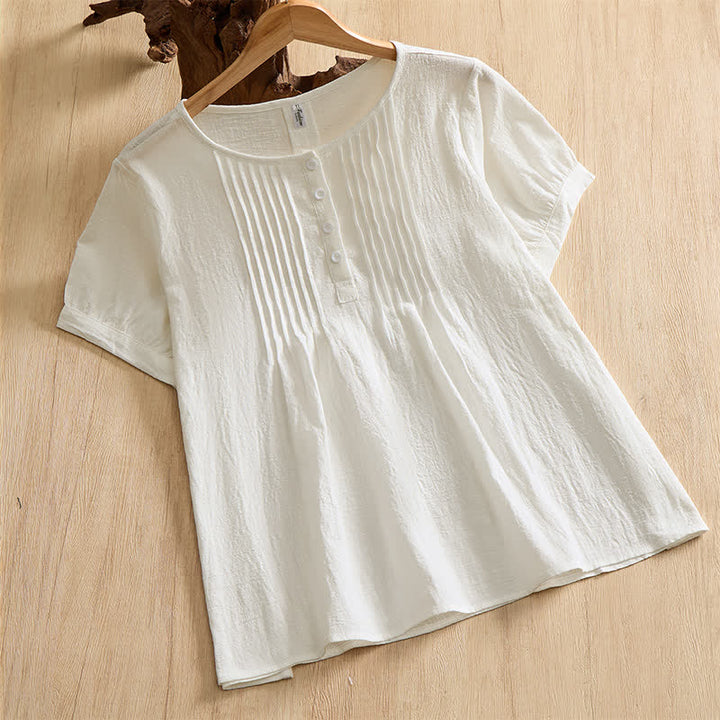 Buddha Stones Camisa de manga corta de algodón liso con botones, estilo casual de verano para mujer. - Blanco - US16, UK/AU20, EU48 (5XL) - image 24