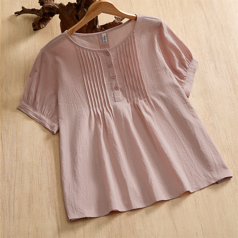 Buddha Stones Camisa de manga corta de algodón liso con botones, estilo casual de verano para mujer. - rosa claro - US16, UK/AU20, EU48 (5XL) - image 8