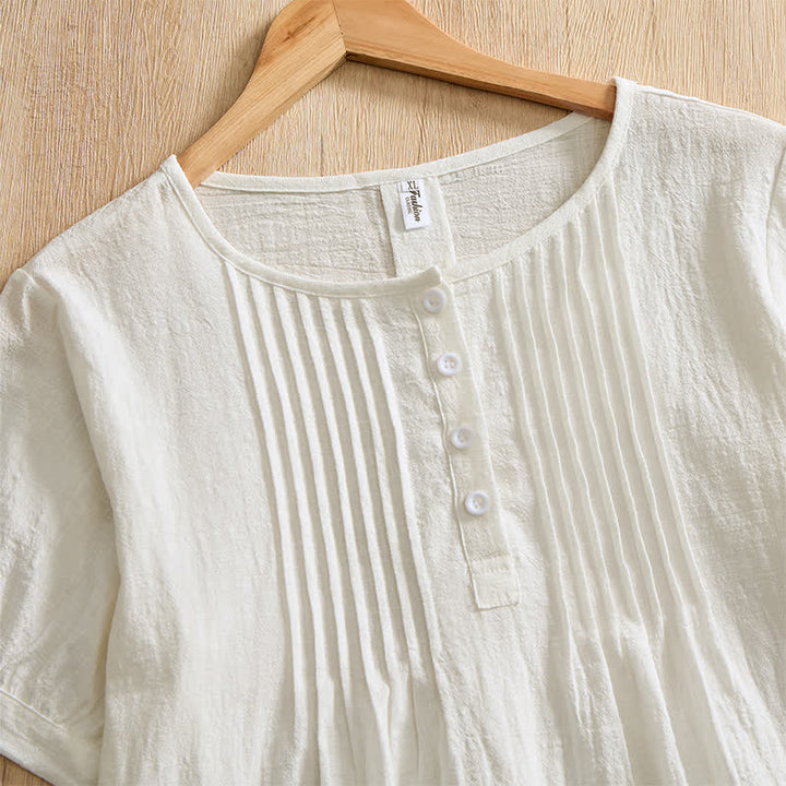 Buddha Stones Camisa de manga corta de algodón liso con botones, estilo casual de verano para mujer. - image 27