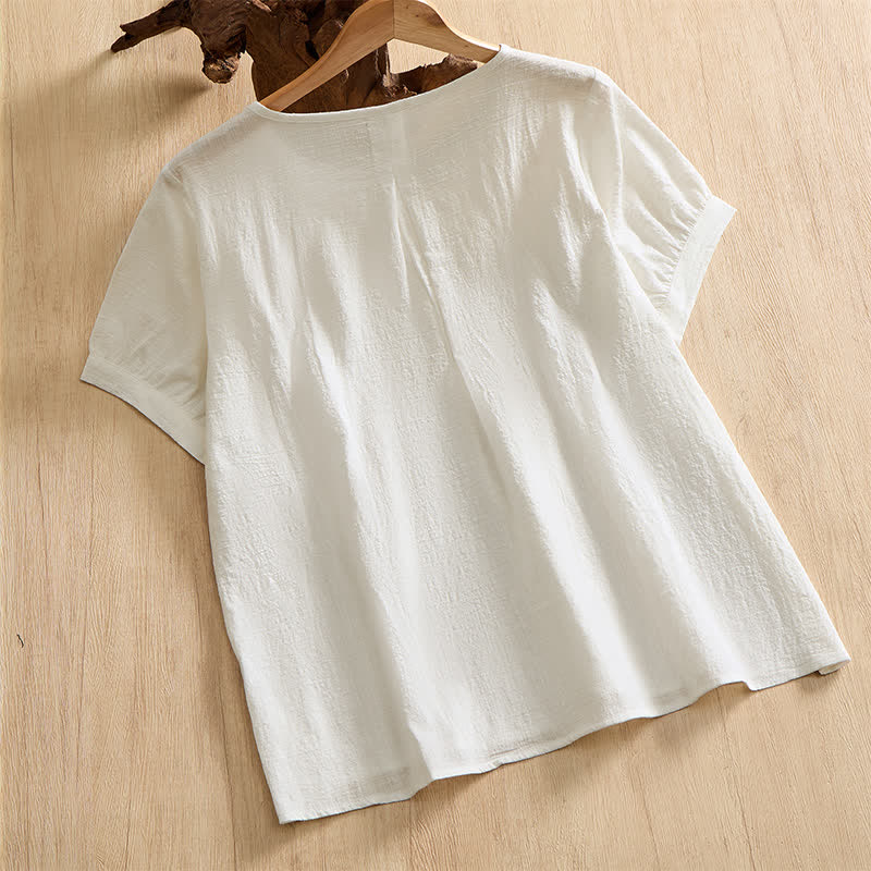 Buddha Stones Camisa de manga corta de algodón liso con botones, estilo casual de verano para mujer. - image 25
