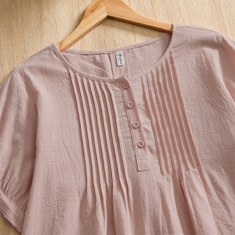 Buddha Stones Camisa de manga corta de algodón liso con botones, estilo casual de verano para mujer. - image 10
