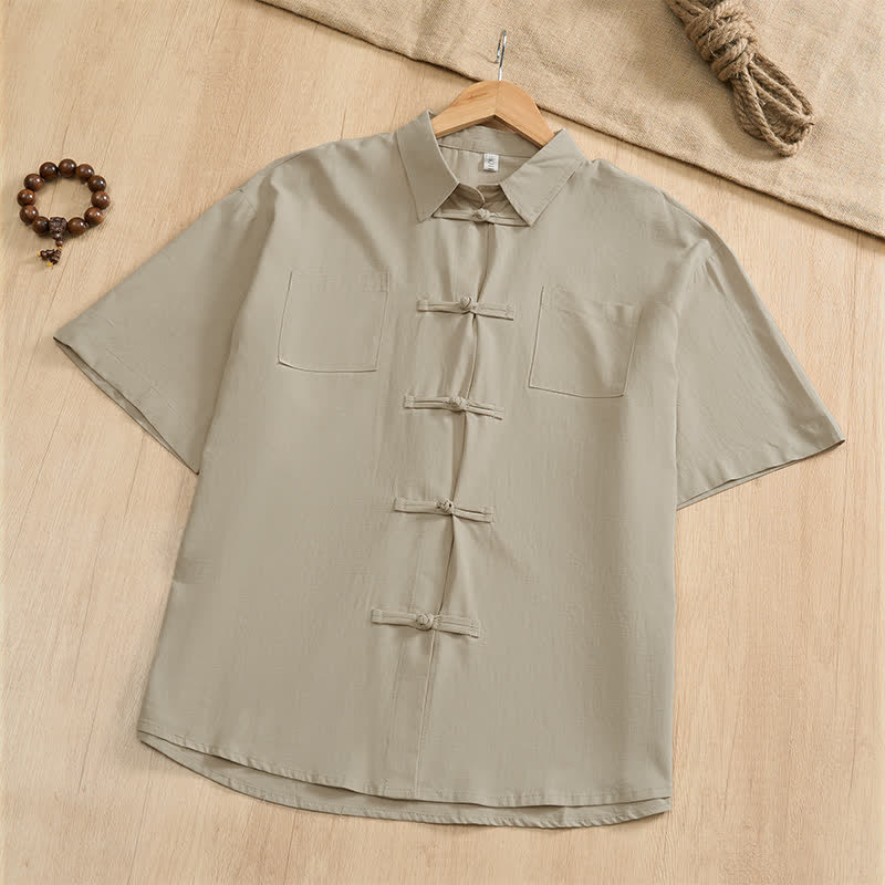 Buddha Stones Camisas de manga corta para hombre, estilo Tang, informales de verano, con botones de rana y bolsillos de parche. - Beige - US/UK/AU46, EU56 (5XL) - image 24