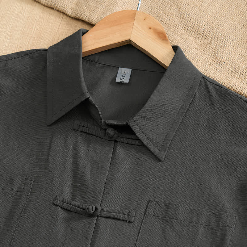 Buddha Stones Camisas de manga corta para hombre, estilo Tang, informales de verano, con botones de rana y bolsillos de parche. - image 2