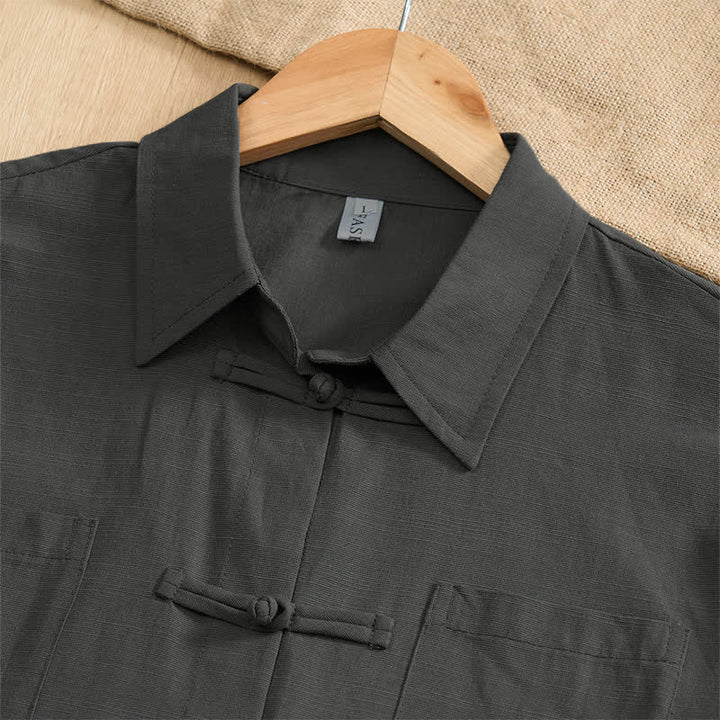 Buddha Stones Camisas de manga corta para hombre, estilo Tang, informales de verano, con botones de rana y bolsillos de parche. - image 2