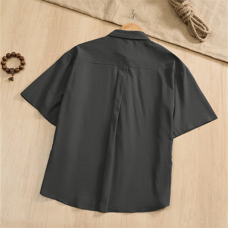 Buddha Stones Camisas de manga corta para hombre, estilo Tang, informales de verano, con botones de rana y bolsillos de parche. - image 1